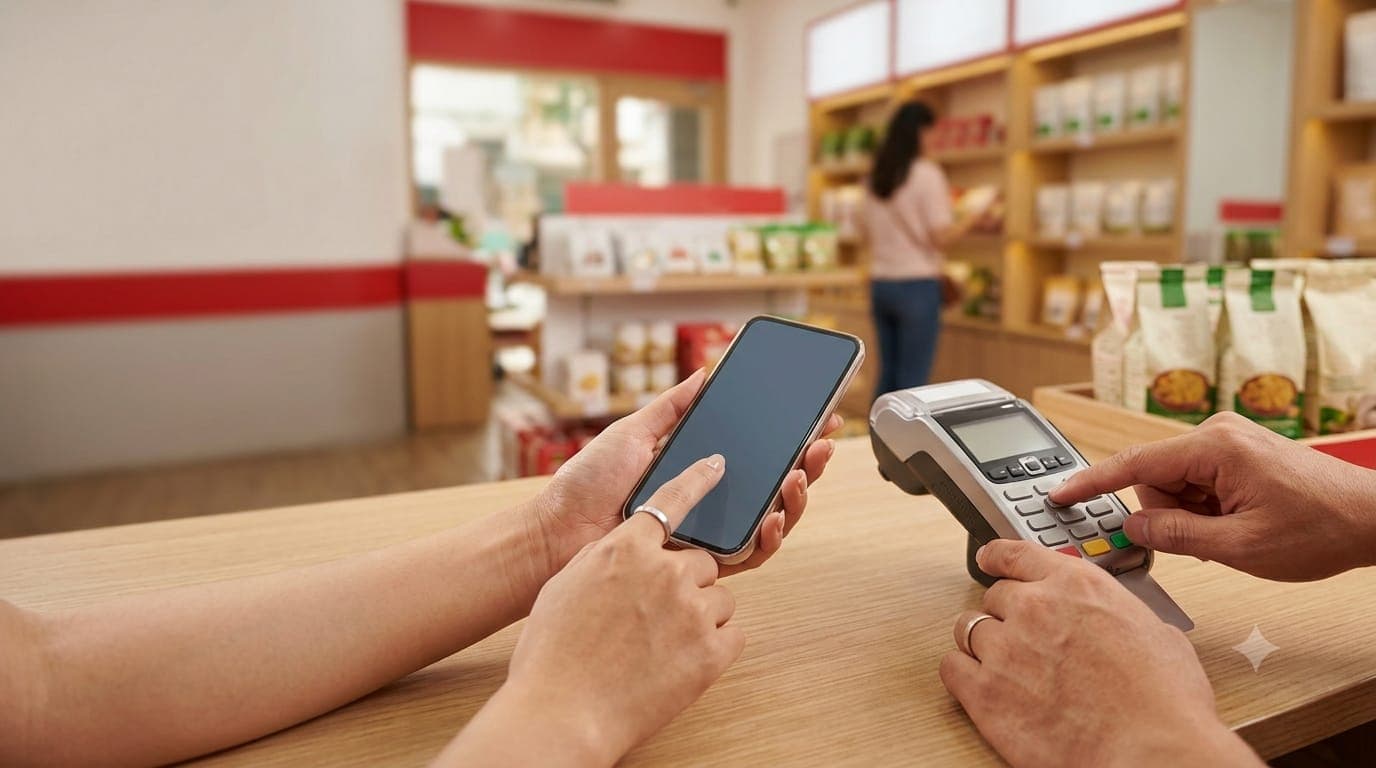 Chủ hộ kinh doanh thanh toán bằng điện thoại và máy POS tại quầy cửa hàng — chuyển sang kê khai thuế 2026