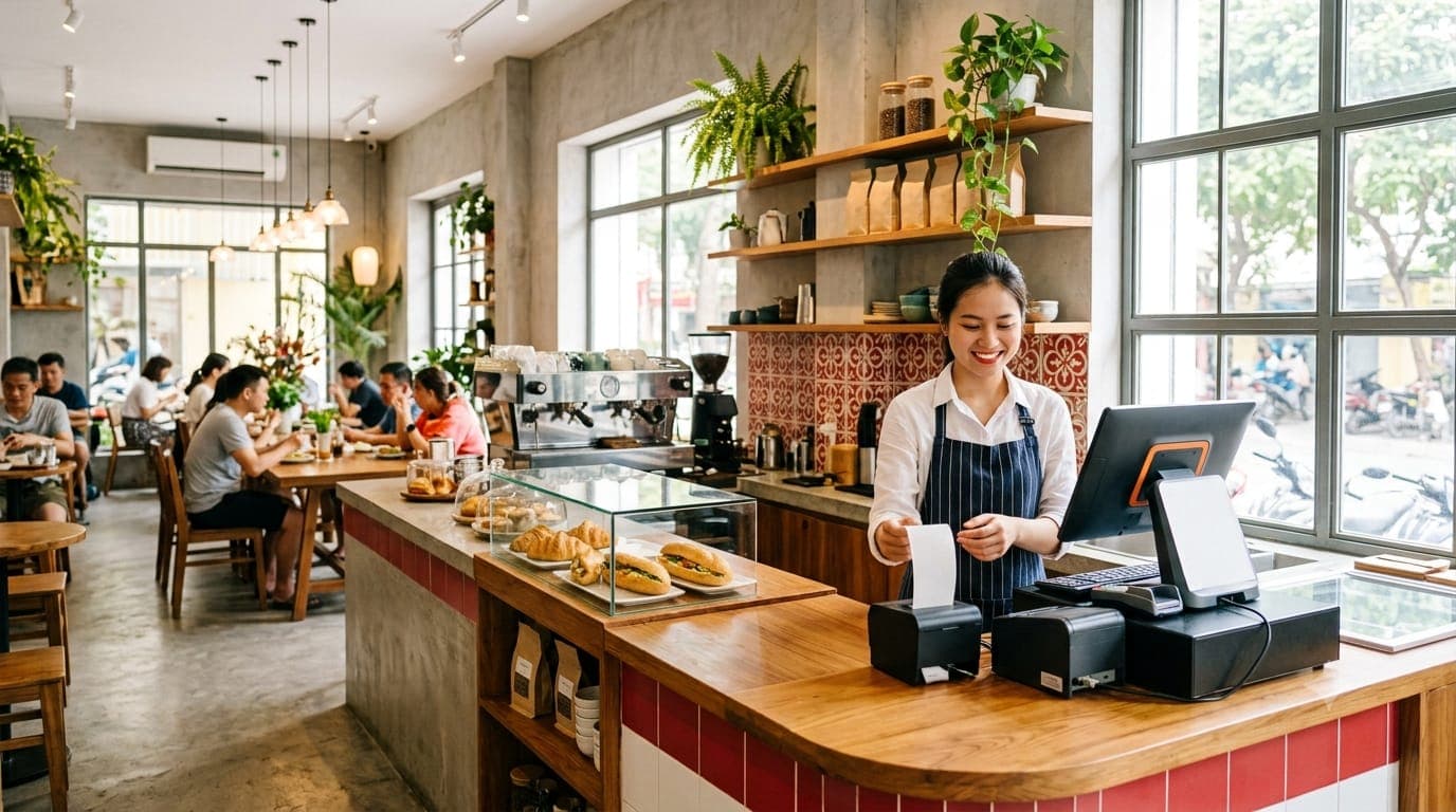 Nhân viên quán cà phê in hóa đơn tại quầy có máy tính tiền và máy in hóa đơn — hóa đơn điện tử từ máy tính tiền tại TP.HCM